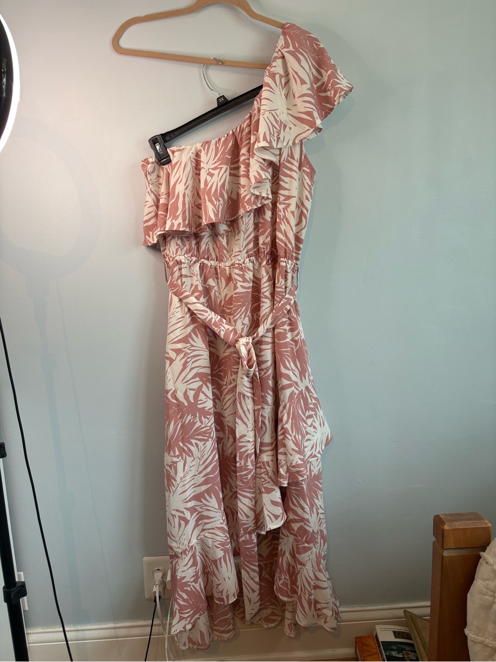 long tall sally One-Shoulder Leaf-Print Pink and Cream Maxi Dress